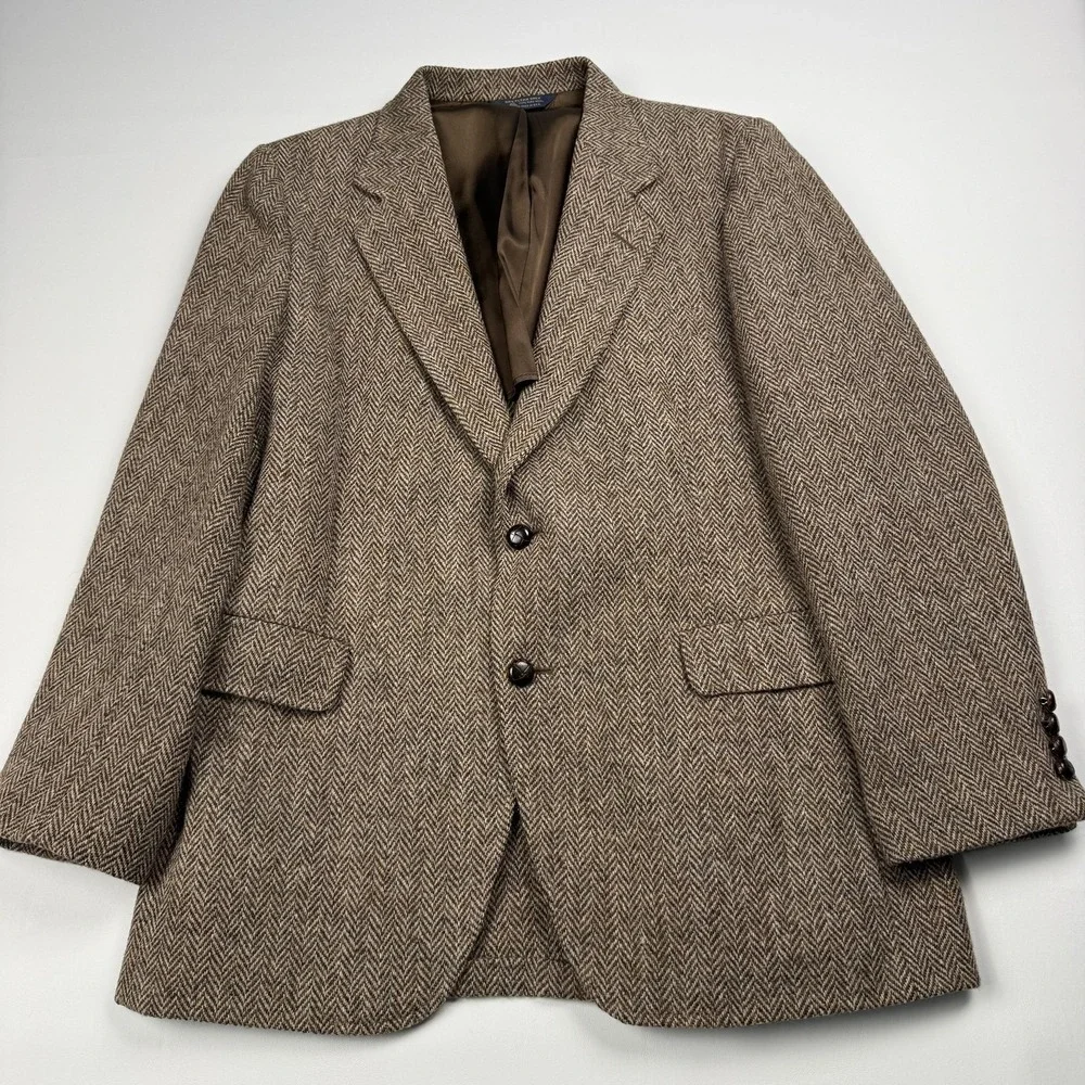 Harris Tweed Sport Coat Mens 42 Brown Wool Herringbone Blazer USA Handwoven